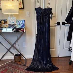 Retrofete Navy Blue Strapless Metallic Pleated Evening Gown
